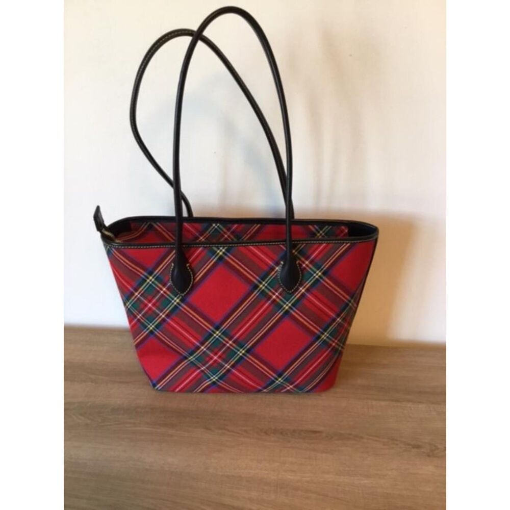 Dooney & Burke Red Plaid Tartan Tote w/Black Leather Trim NWOT - Picture 3 of 11